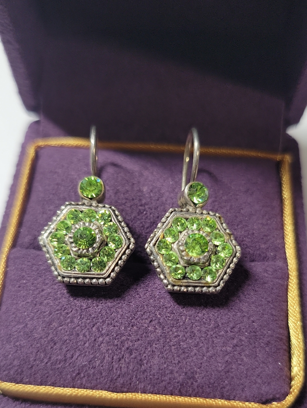 Vintage Hexagon Green Crystal Drop Earrings - Silver